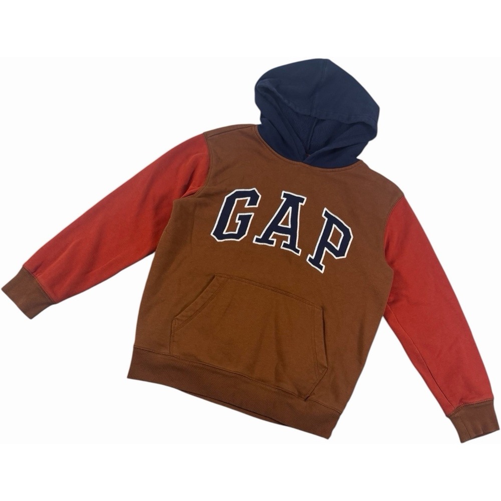 GAP Kids Color Block Logo Pullover Hoodie Boys XL Brown Red Blue Sweatshirt